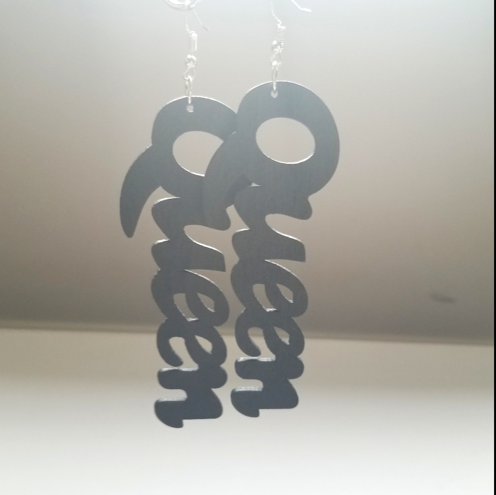 Black Queen Script Wood Drop earrings.